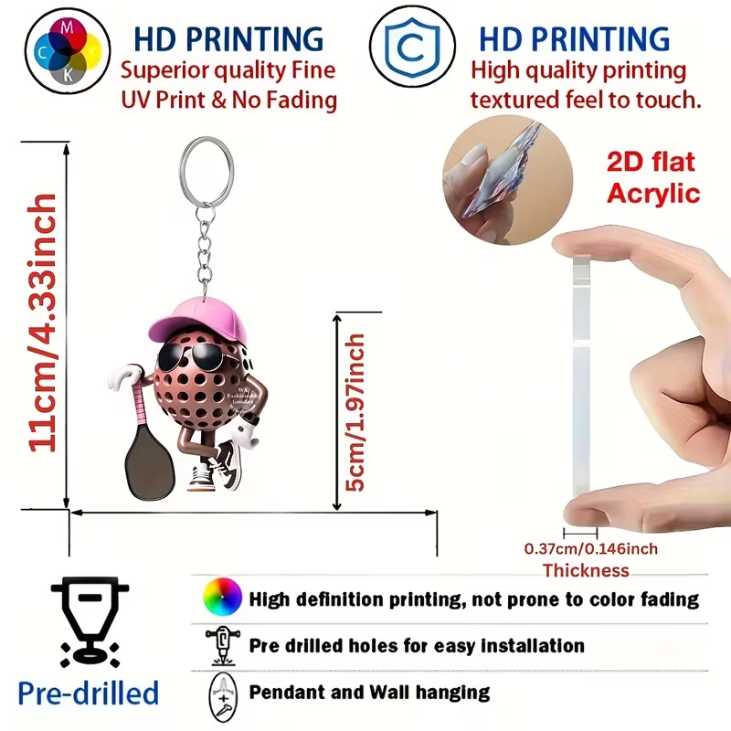 Supplier dimensions for 2D flat acrylic pickleball character keychain