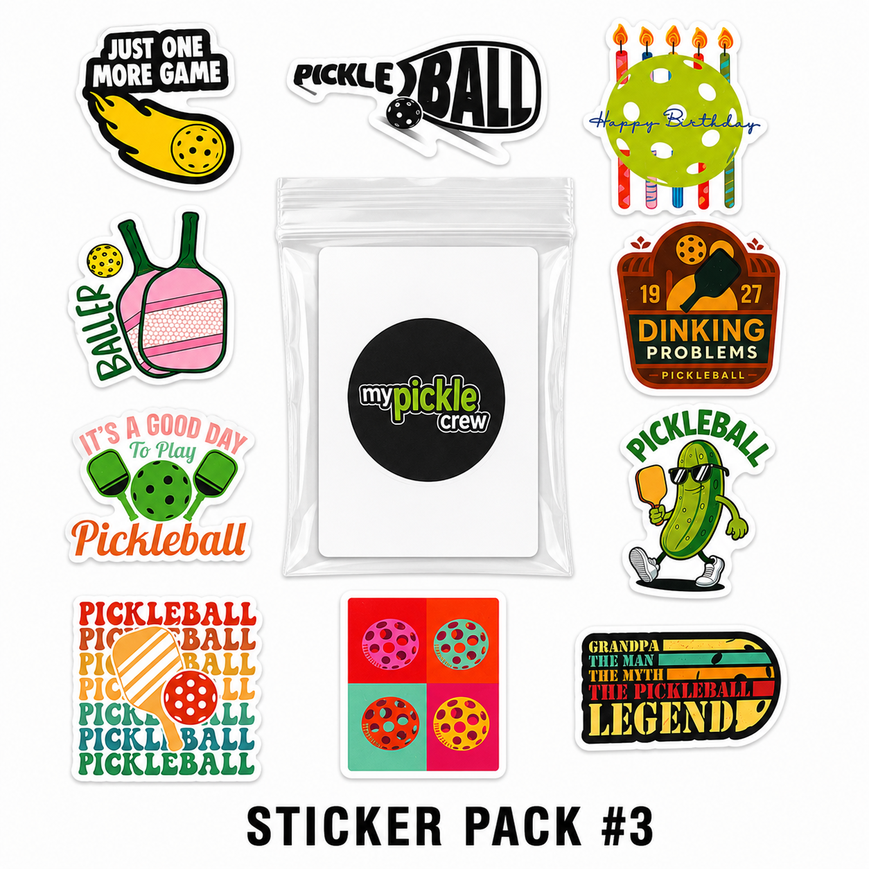 A sticker pack display featuring multiple pickleball-themed die-cut stickers around a central clear pouch labeled 'my pickle crew', with 'STICKER PACK #3' text at the bottom on a white background.