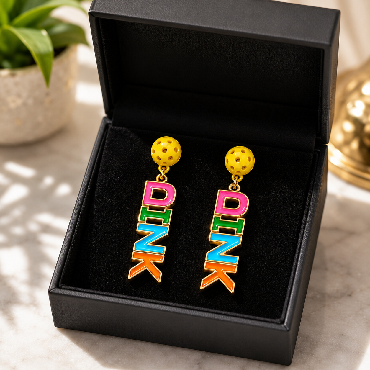 DINK enamel pickleball earrings dimensions and detail