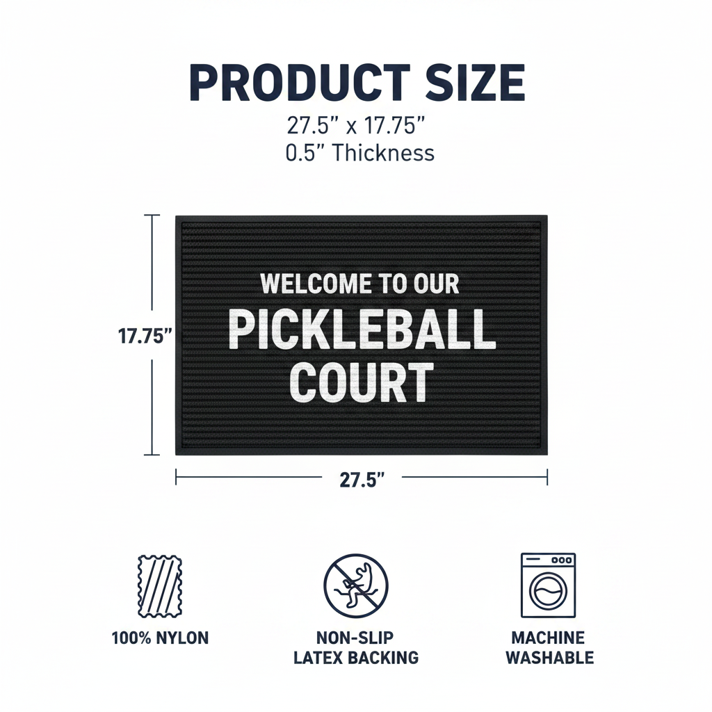 Product size diagram for a black rectangular doormat with white text reading 'WE'RE PROBABLY OUT PLAYING PICKLEBALL'. The graphic shows dimensions of 27.