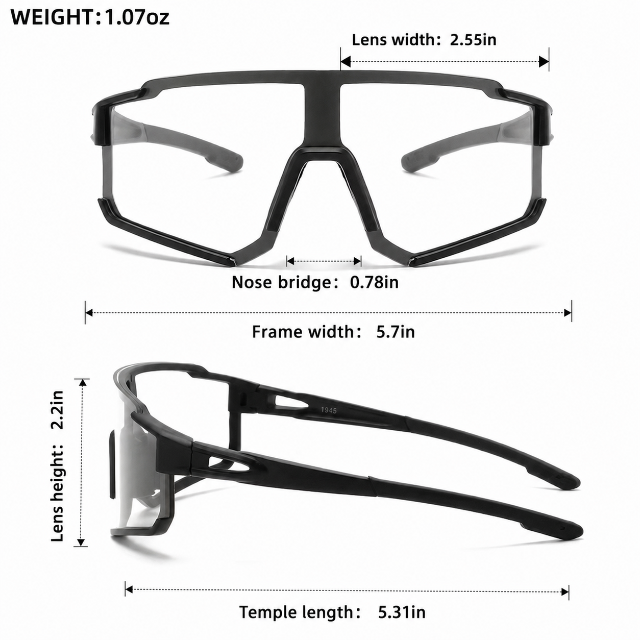 Black sports shield-style sunglasses shown from front and side views with measurement callouts for lens width, nose bridge, lens height, frame width, temple length, weight, and dimensions on a white background.