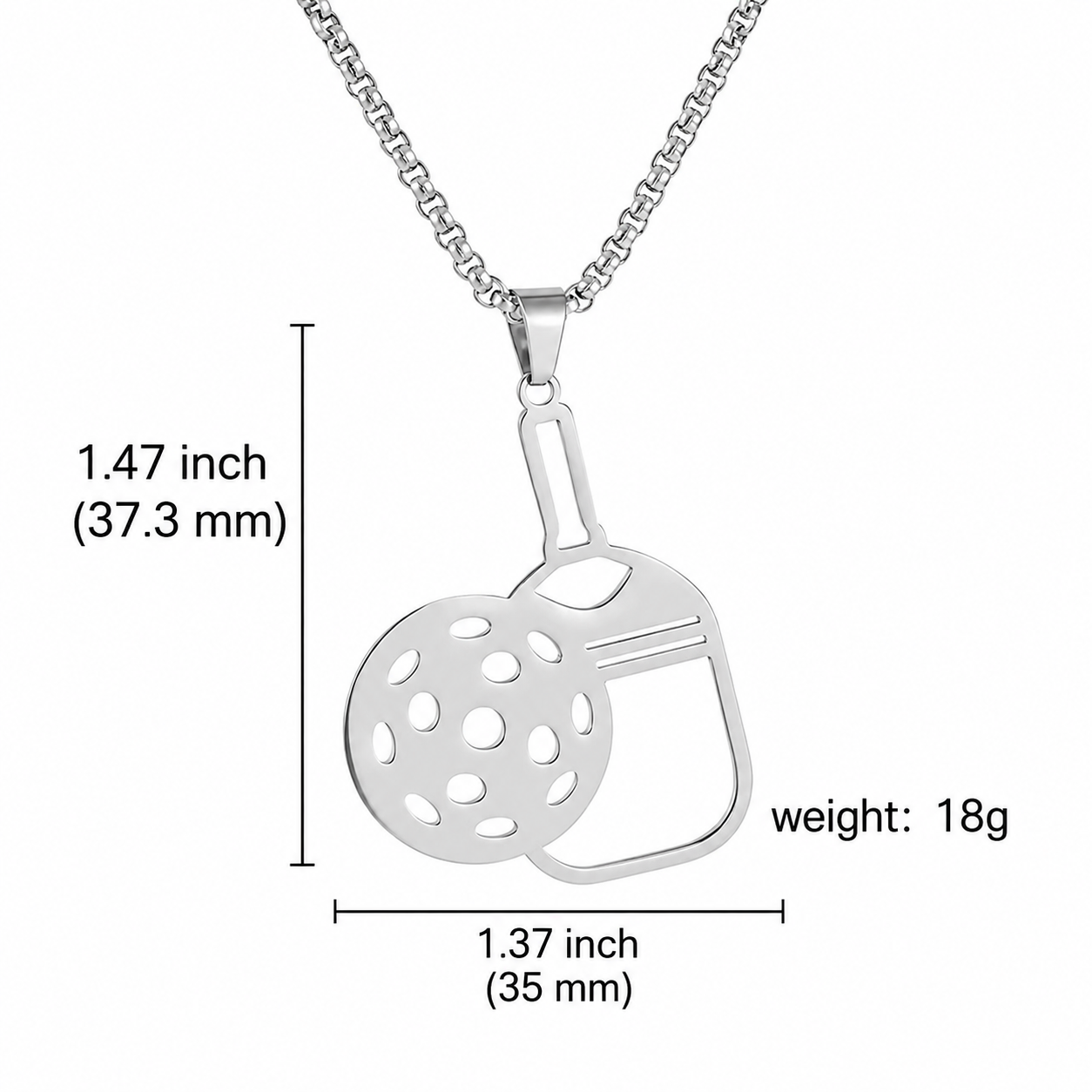 Silver tennis racket pendant necklace on a white background with dimension lines showing height, width, and weight details.