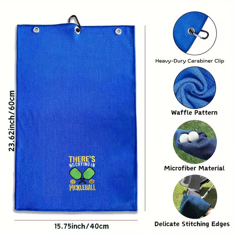 Blue towel with pickleball design and features on a white background