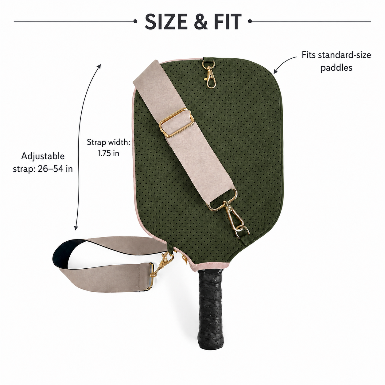 Size and fit guide for olive green pickleball paddle cover with adjustable 26 to 54 inch strap