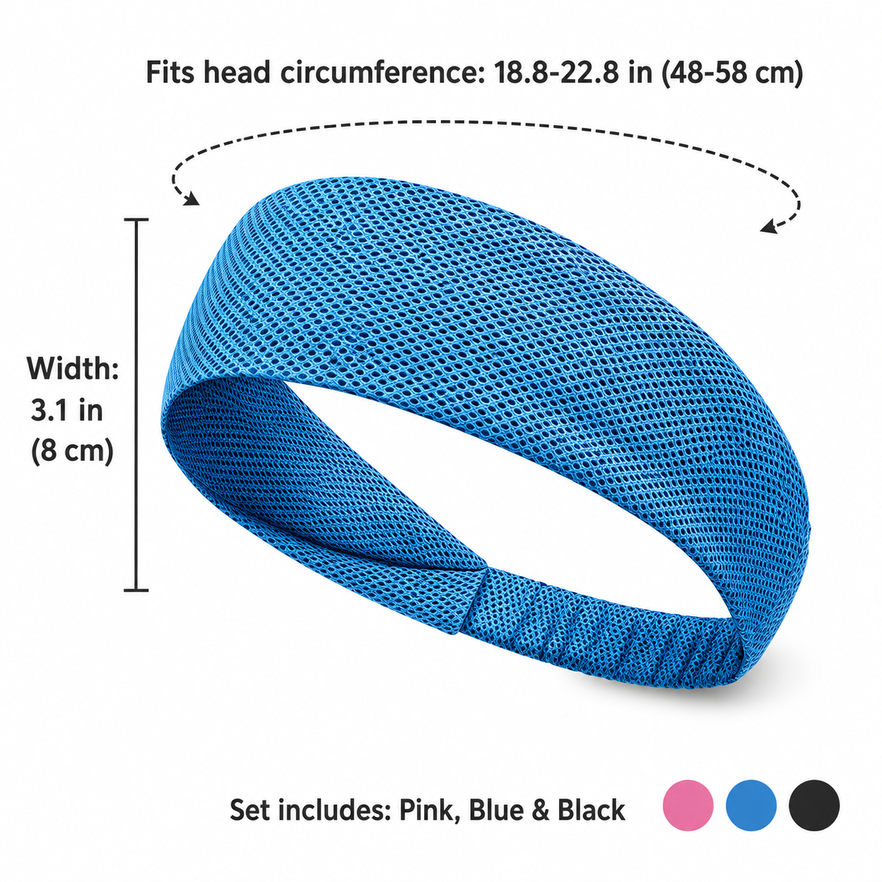 Blue breathable mesh headband measurement guide showing 3.1-inch width and an 18.8 to 22.8-inch head circumference, with pink, blue, and black included in the set.
