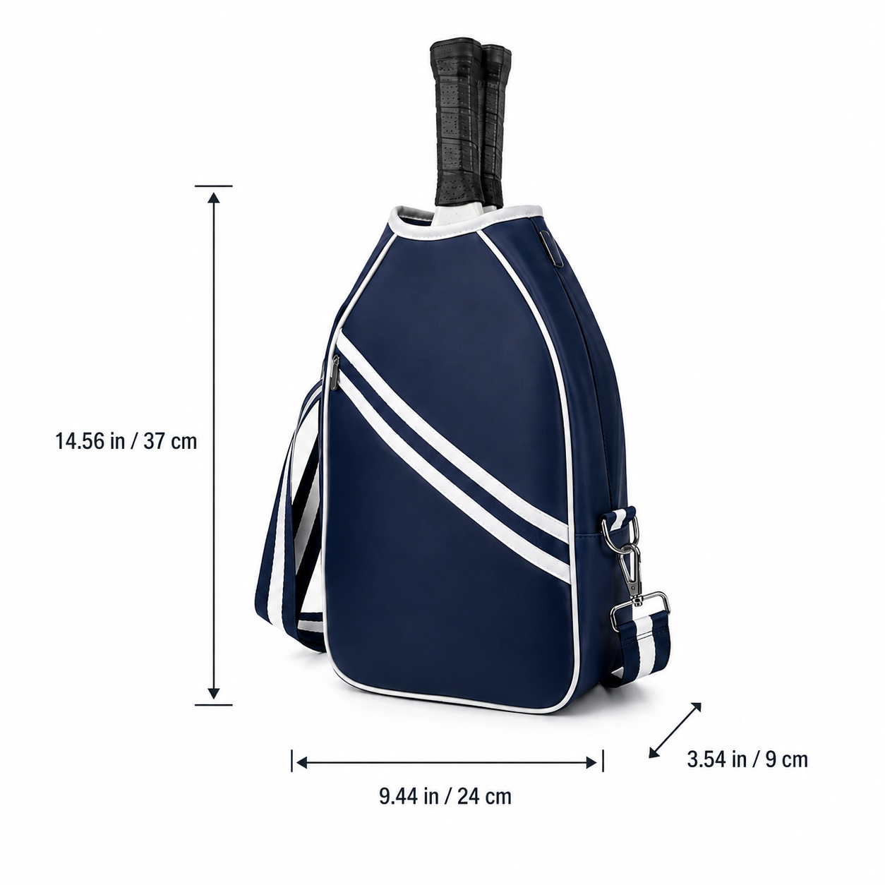 Navy and white striped pickleball sling bag dimensions: 14.56 inches high, 9.44 inches wide, and 3.54 inches deep