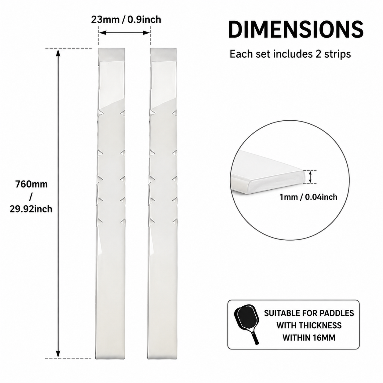Product dimensions diagram showing two white paddle strips with measurements: 760mm length and 23mm width, plus a circular inset showing the strip thickness as 1mm and a note stating suitability for paddles with thickness within 16mm.