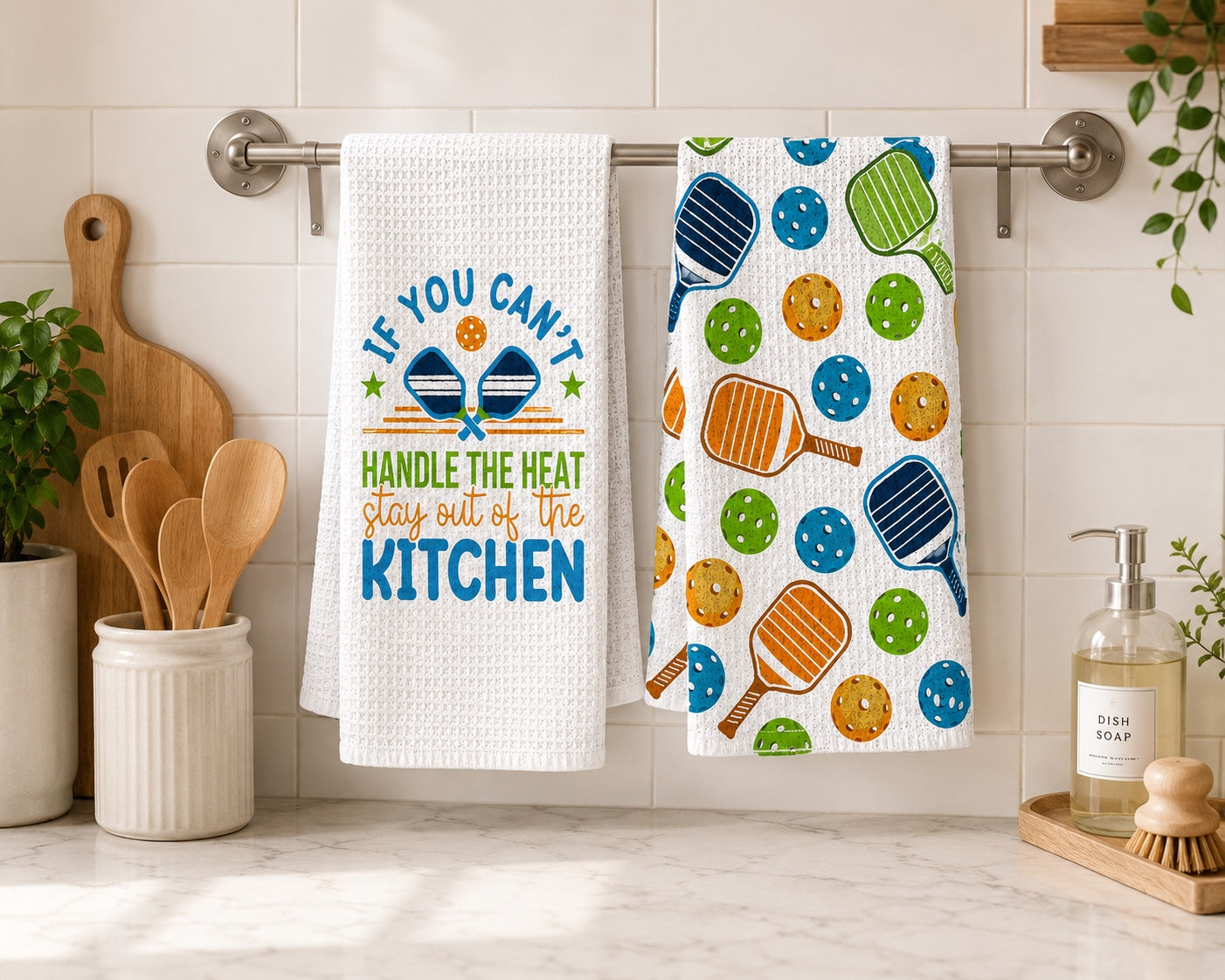 Two kitchen towels hanging on a metal rack in a bright kitchen setting. The left towel is white waffle cloth with blue and orange text reading 'IF YOU CAN'T HANDLE THE HEAT stay out of THE KITCHEN' with crossed spatulas.