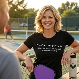 Woman wearing a black 'Pickleball' t-shirt with a purple paddle on a tennis court.