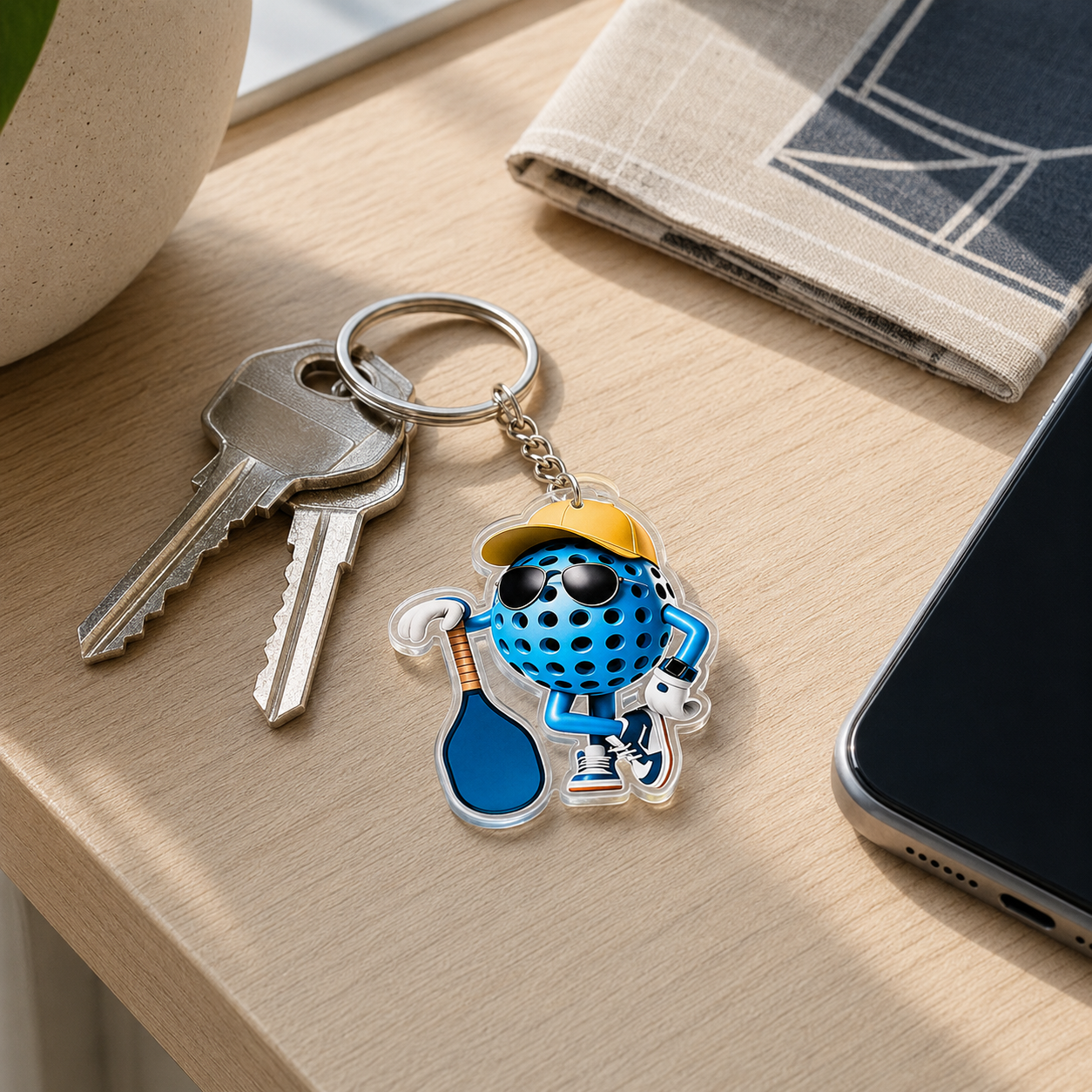 Blue 2D pickleball character keychain with house keys on an entry table