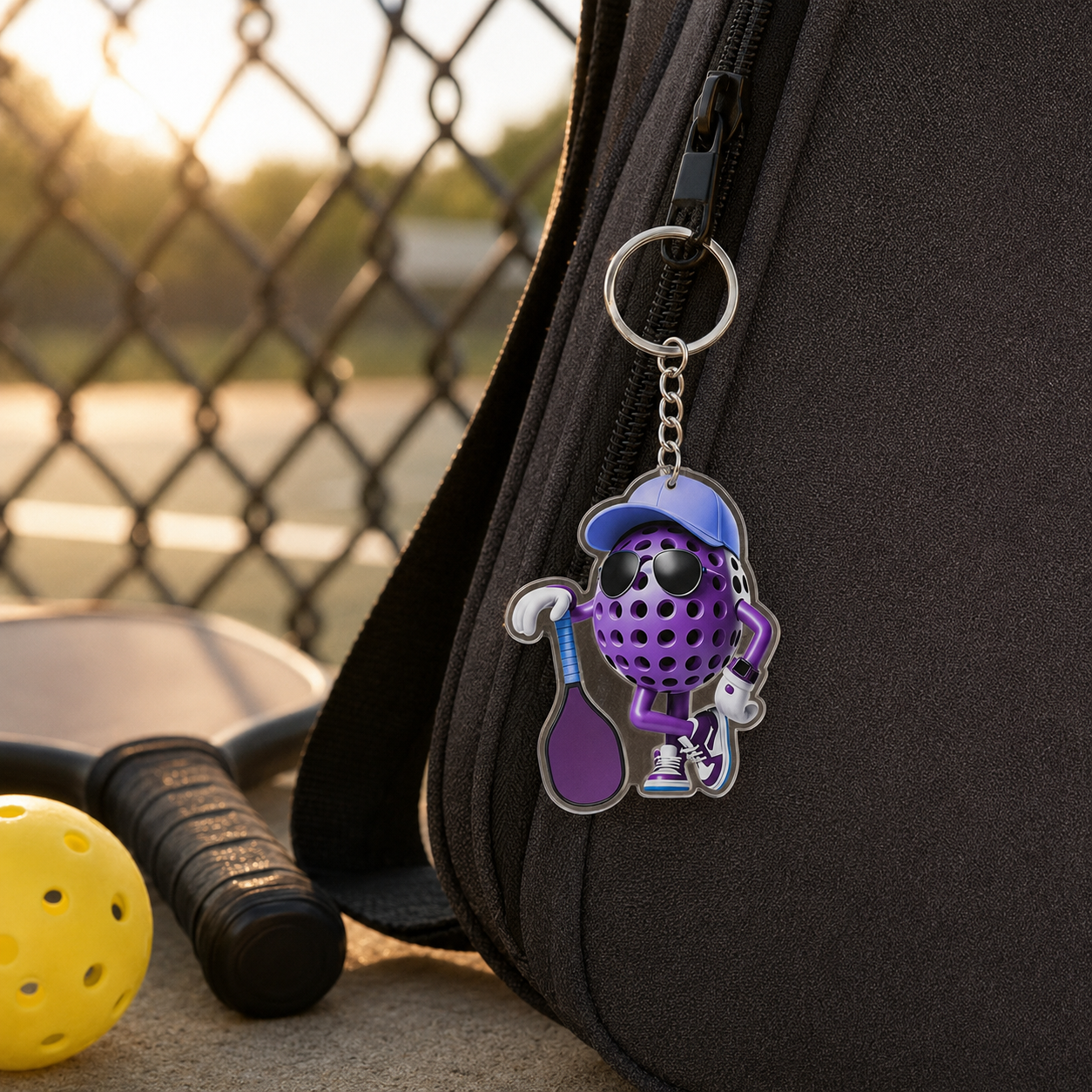Purple 2D pickleball character keychain attached to a pickleball court bag