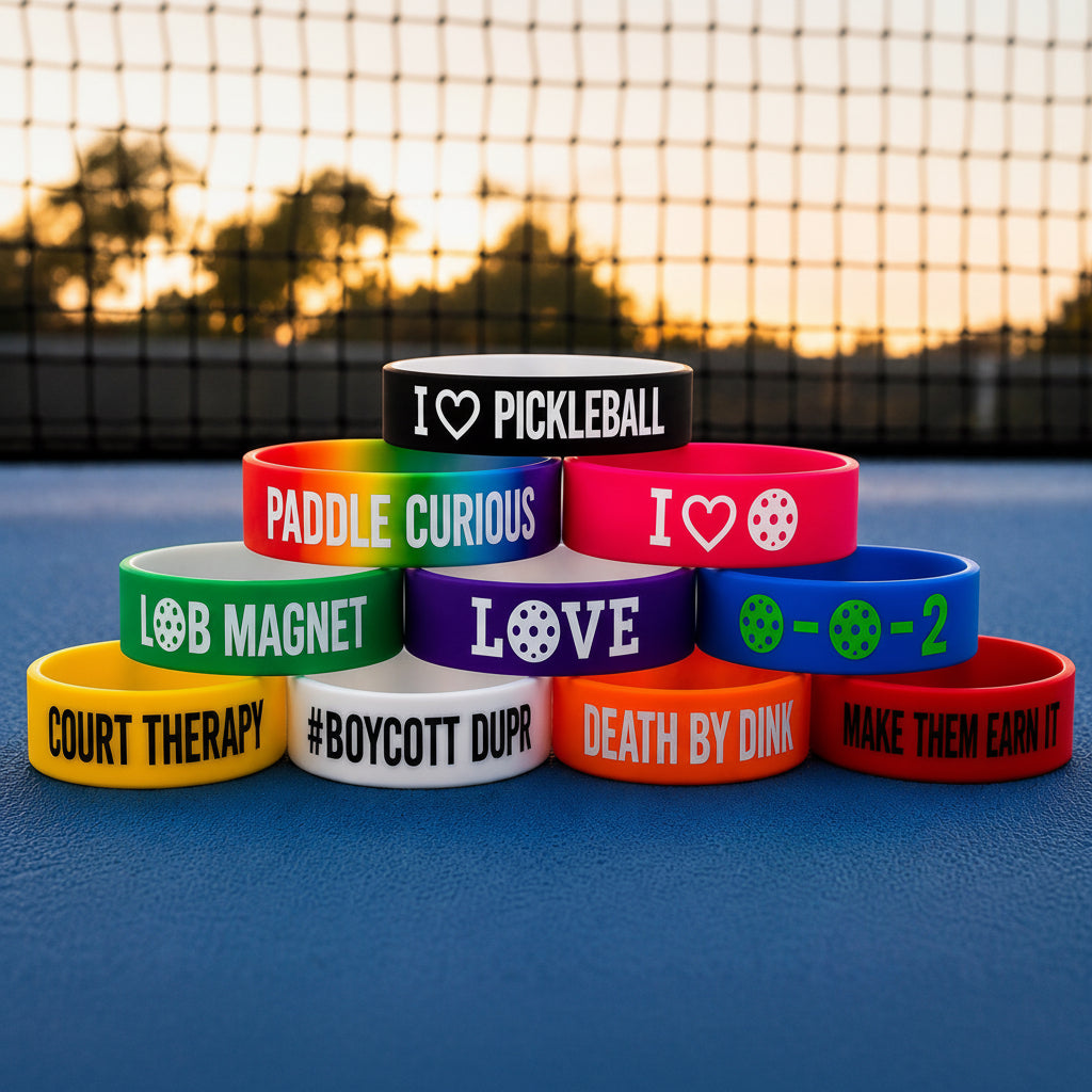 A pyramid stack of colorful pickleball-themed silicone wristbands displayed on a blue pickleball court with a fence and sunset in the background. The wristbands feature various slogans and graphics including 'I ❤️ PICKLEBALL', 'PADDLE CURIOUS', 'I ❤️ PADDLE', 'LOB MAGNET', 'LOVE', '9-0-2', 'COURT THERAPY', '#BOYCOTT DUPR', 'DEATH BY DINK', and 'MAKE THEM EARN IT'.