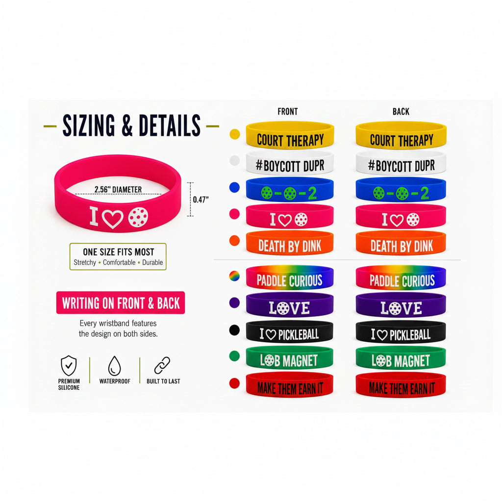 A product infographic showing wristband options, sizes, and printed text examples. The image features a pink silicone wristband with a white 'I <heart> PADDLE' design, alongside other color options like yellow, blue, red, green, purple, and black.