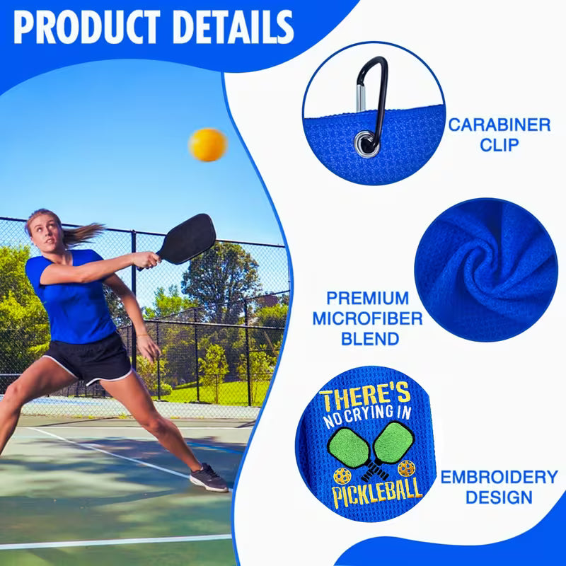 Woman playing pickleball on a court with product features highlighted on the right.
