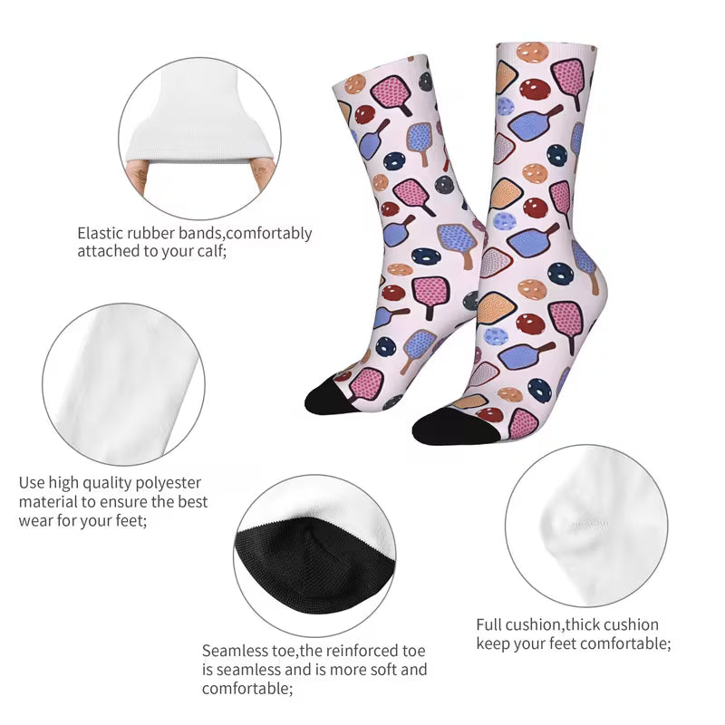 A pair of knee-high socks with a colorful ice cream cone pattern on a white background, shown alongside circular callout insets highlighting features such as elastic rubber bands, high-quality polyester material, a seamless toe, and cushioned foot support.