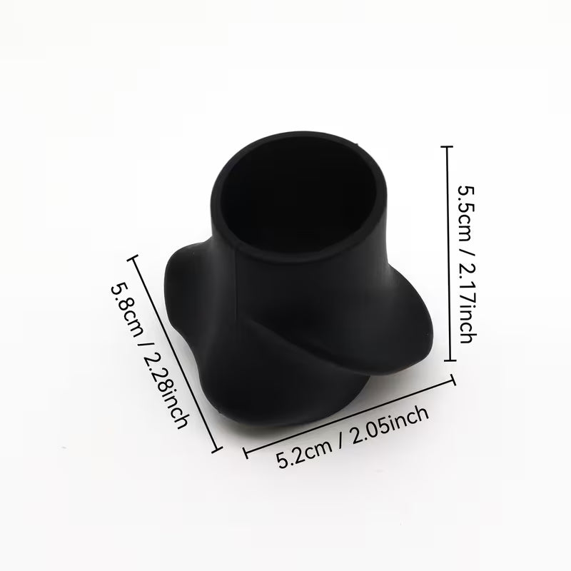 Black silicone cup holder with dimensions on a white background