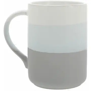 A ceramic mug with a three-tone horizontal color-block design in white, pale blue, and gray, shown against a plain white background.