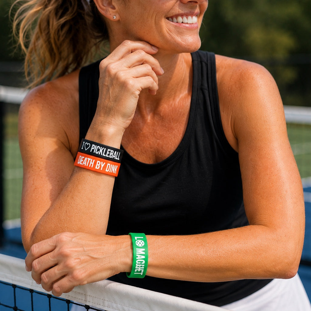 A woman on a tennis court wearing three colorful wristbands: a black and white 'IT'S PROLIFERATION' band, an orange and white 'DEATH BY ONE' band, and a green 'IT'S ME' band.