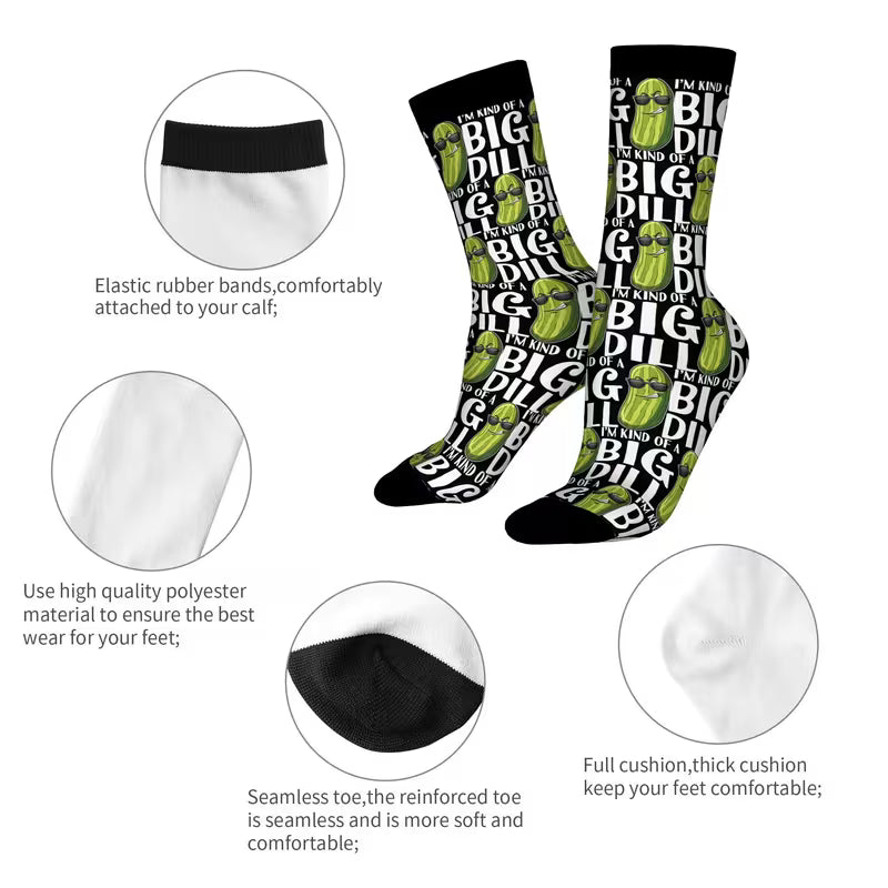 A pair of crew socks with a bold black, white, and green graphic print featuring the words 'I'M KIND OF BIG' and watermelon illustrations, shown alongside five circular detail callouts highlighting features like elastic bands, high-quality material, a seamless toe, and cushioning.