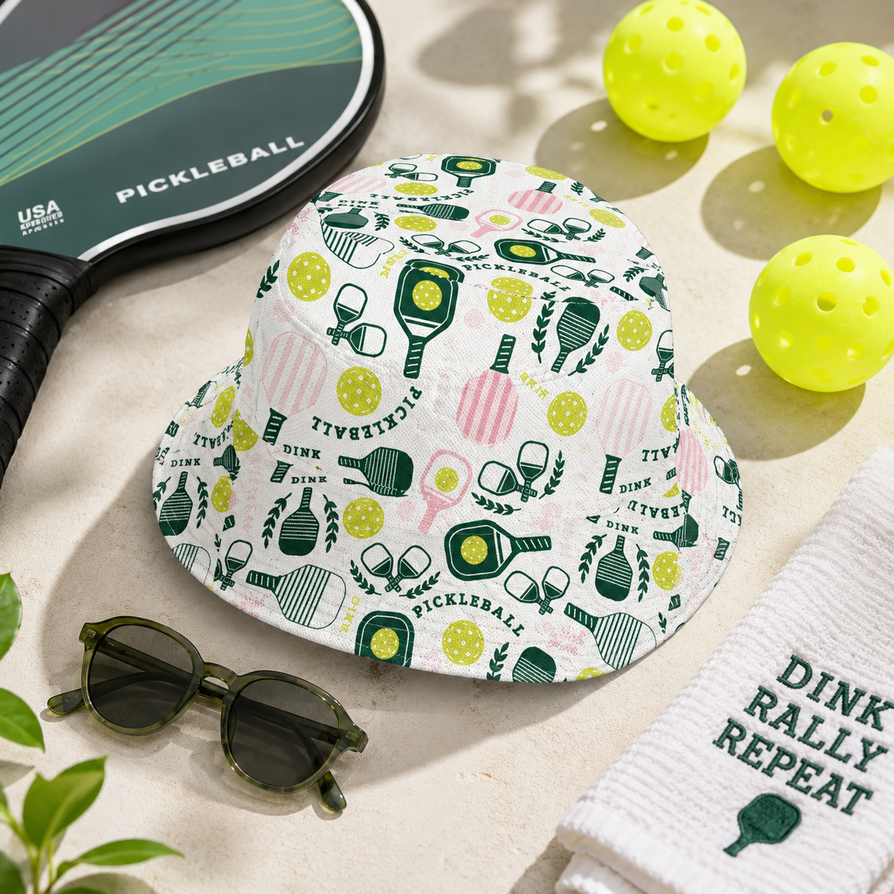 A white bucket hat with a colorful pickleball-themed print featuring green rackets, yellow balls, and pink pickleballs, styled on a sandy surface with a pickleball paddle, sunglasses, neon balls, and a towel.
