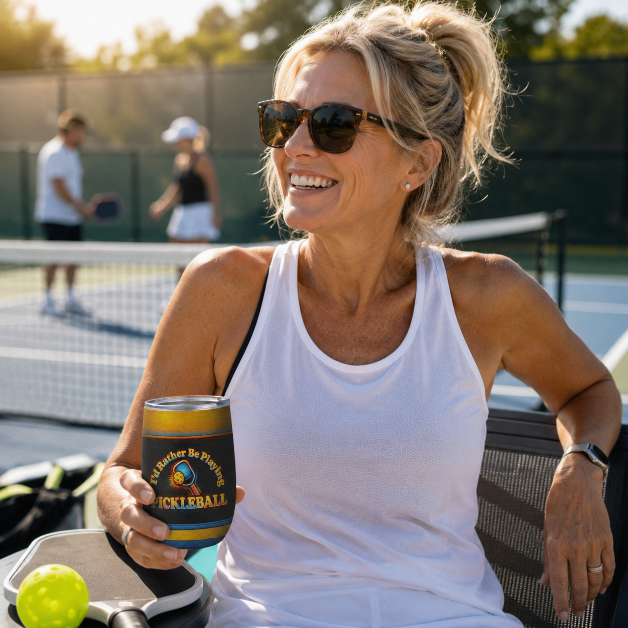 A smiling woman wearing sunglasses and a white tank top sits on a tennis court chair, holding a black and gold can cooler that reads 'Keepers of the Volleyball PICKLEBALL'.