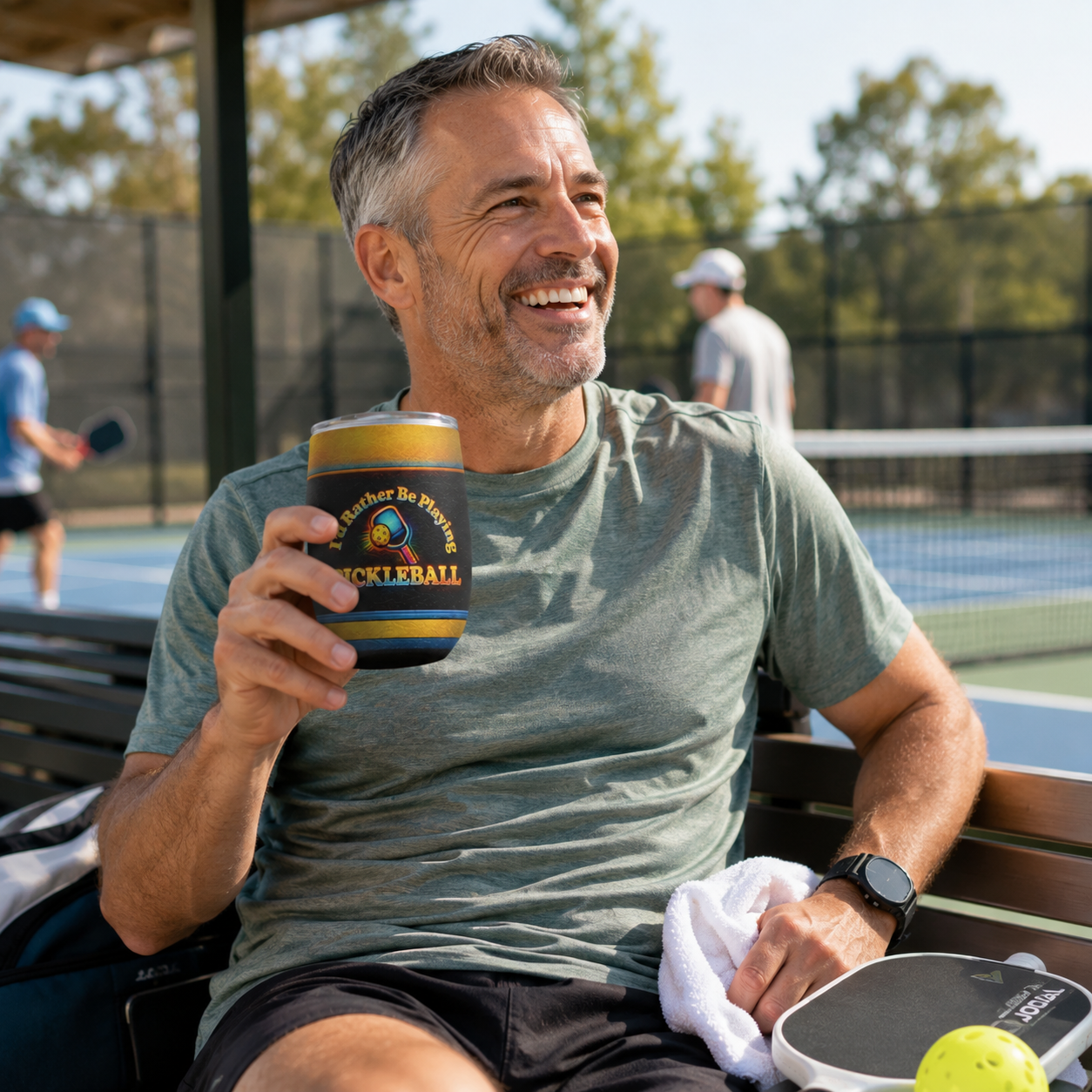 A smiling man sitting on a bench at a pickleball court holds a black can cooler with a yellow and blue logo that reads 'Pickleball'. He wears a gray t-shirt and black shorts, with a pickleball paddle and tennis ball on his lap.