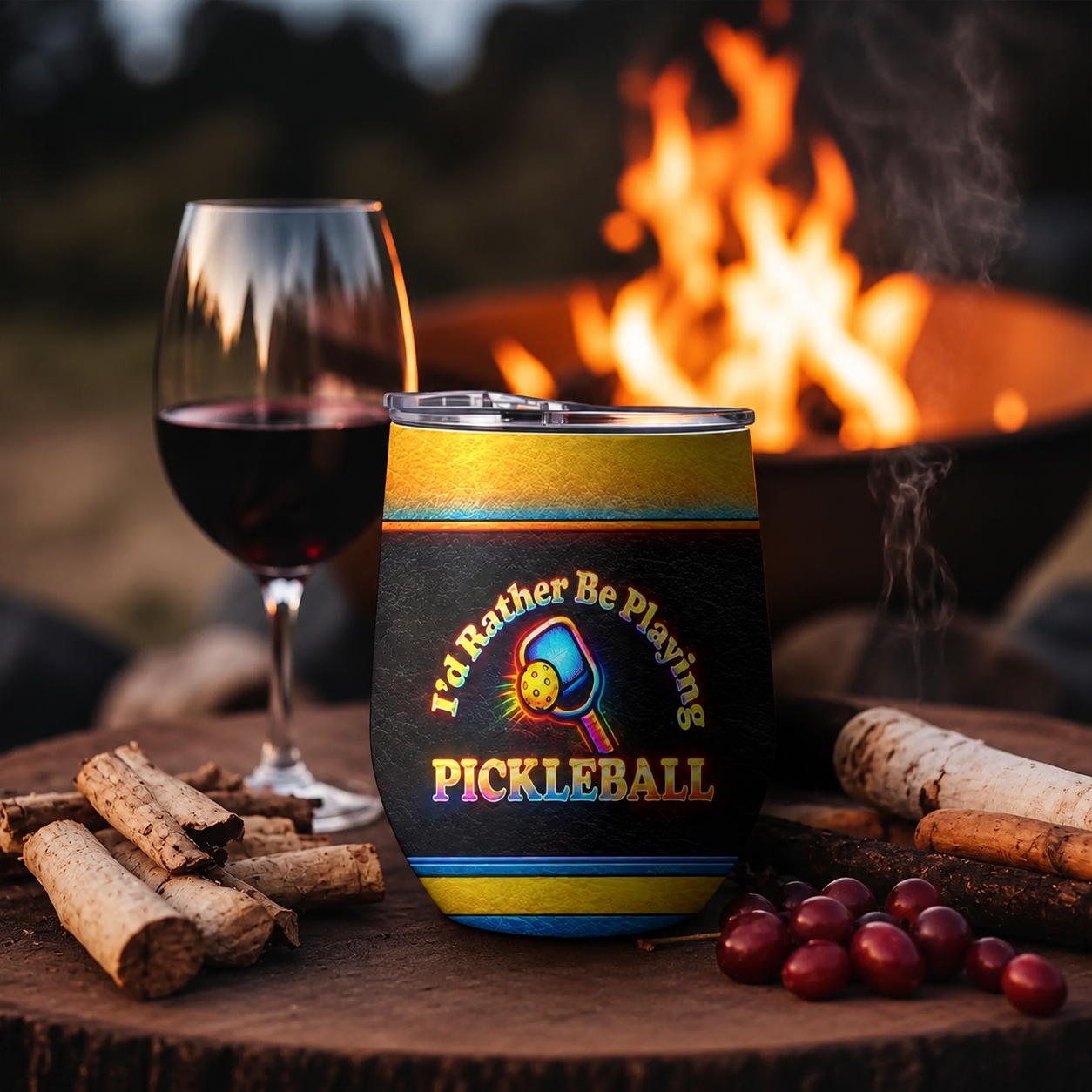 A black insulated stemless wine tumbler with a yellow and blue design, featuring the text 'I'd Rather Be Playing PICKLEBALL' and a pickleball graphic, set on a rustic wood surface next to a glass of red wine, firewood, and a campfire in the background.