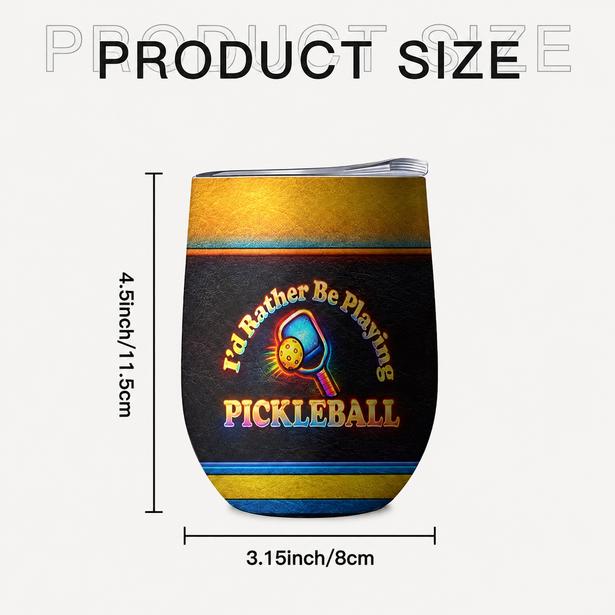 Product size diagram of a stemless wine tumbler with dimensions labeled: 4.5 inches tall and 3.