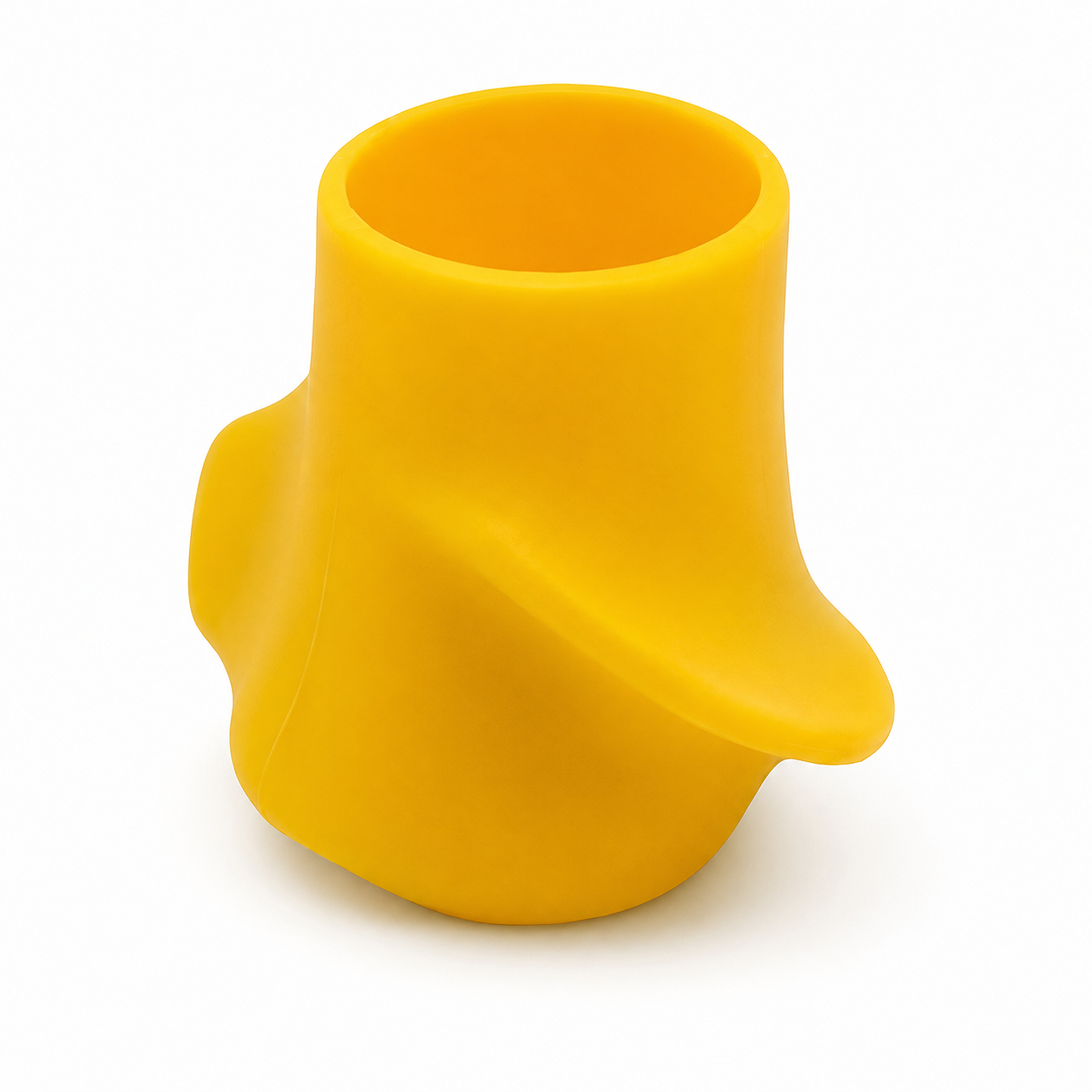 A bright yellow silicone cup with a unique, organic shape and a small protruding tab on the side, shown on a plain white background.