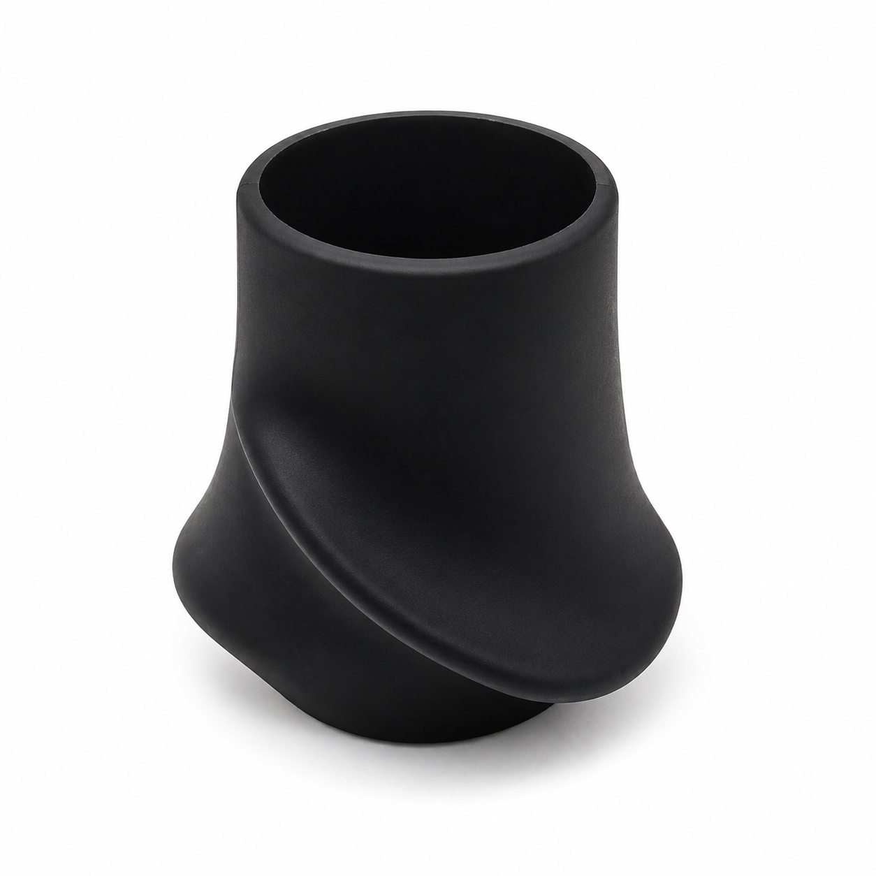 A matte black plastic cup with a unique, curved, flared base design, shown on a clean white background.