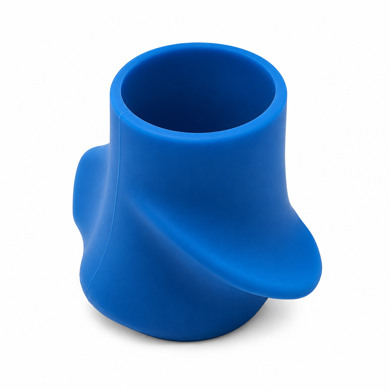 A bright blue silicone cup or tumbler with a unique wavy, sculptural design, shown on a clean white background.