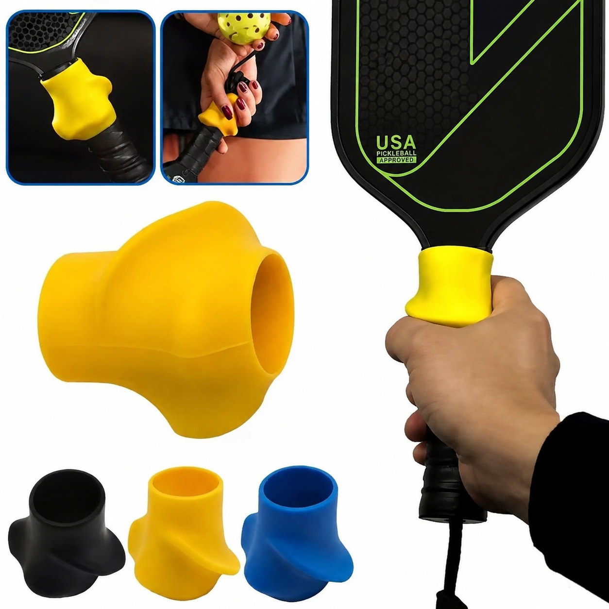 Playground paddle grip sleeve set shown with a hand holding a paddle, close-up inset photos of the sleeve in use, a large yellow sleeve, and three smaller color variants in black, yellow, and blue on a white background.