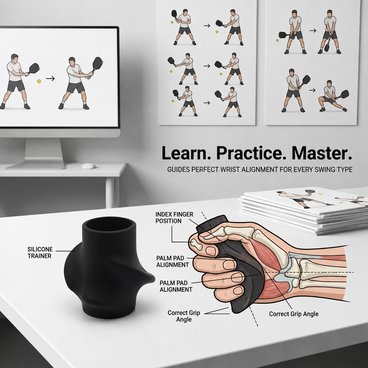 A black silicone wrist trainer shown on a white desk, with printed instruction sheets and a monitor in the background. Text on the image explains wrist alignment for every swing type, and the trainer is labeled with parts such as the index finger position, palm pad alignment, and correct grip angle.