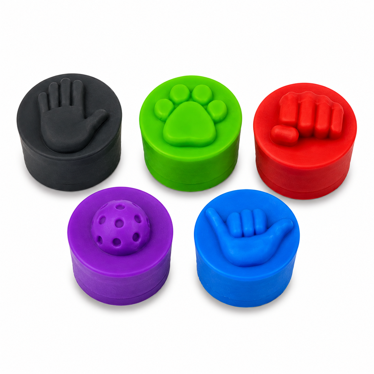 Five colorful cylindrical silicone accessories with raised hand and paw-print shapes, shown on a plain white background. The colors are black, green, red, purple, and blue.