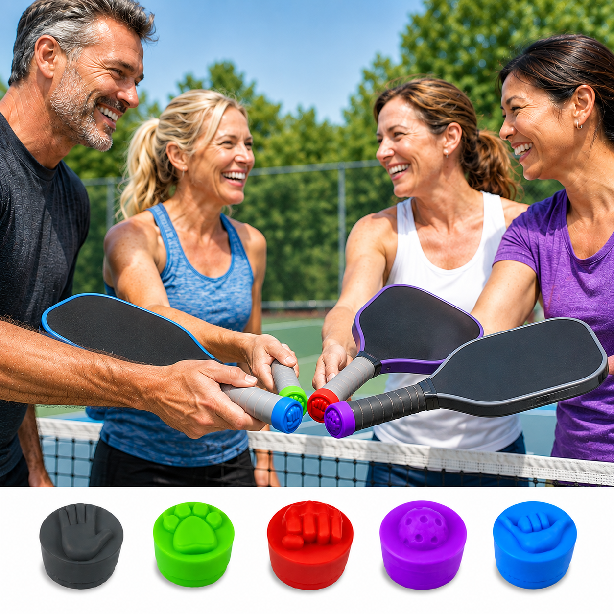 Four people standing on a tennis court holding paddle-shaped paddle balls, with five color options shown in a row at the bottom: black, green, red, purple, and blue.