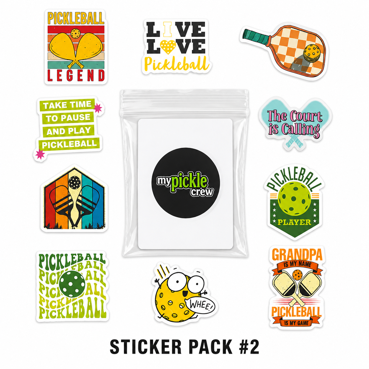 A sticker pack featuring various pickleball-themed stickers arranged around a central white pouch with a black circular label that reads 'mypickle crew'. The stickers include designs like a yellow pickleball, a green and orange paddle, a blue and pink shuttlecock, and text stickers such as 'LOVE LOVE Pickleball', 'Pickleball Legend', and 'Grandpa's Pickleball Club'.
