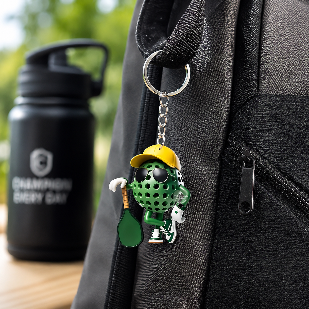 A close-up of a black backpack with a green cartoon golf ball keychain charm wearing a yellow cap and sunglasses, holding a tennis racket. A black water bottle is blurred in the background on a wooden surface.