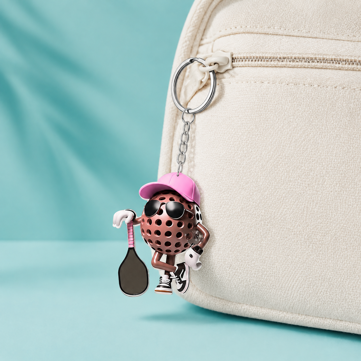 A close-up of a cream-colored textured bag with a silver zipper, featuring a dangling keychain charm shaped like a pink-capped tennis player holding a racket, set against a light aqua background.