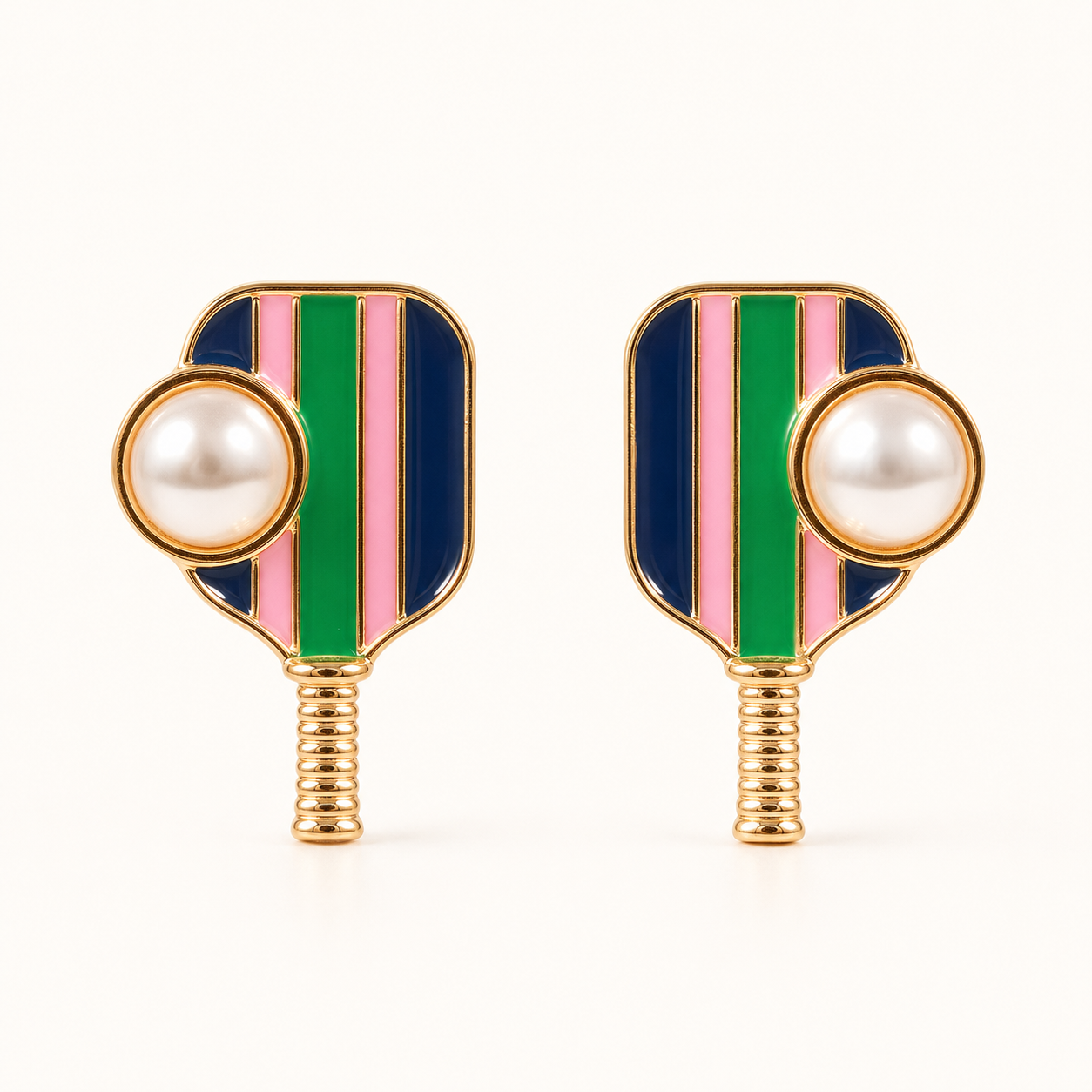 Pickleball enamel and pearl earrings in a jewelry box