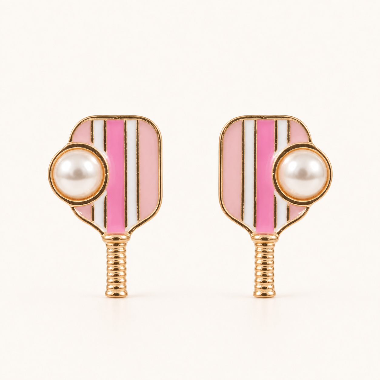 Hot pink pickleball enamel and pearl post earrings on white