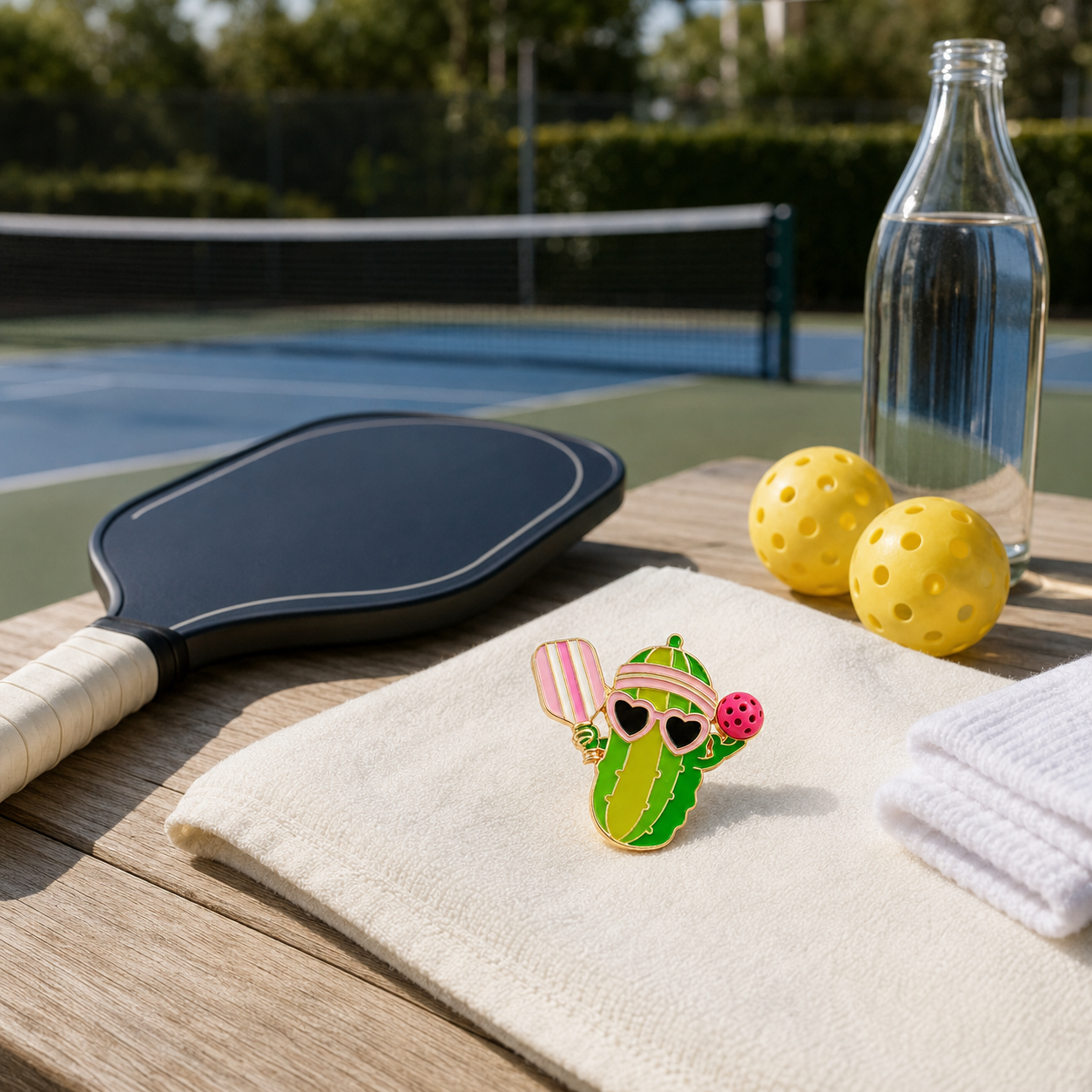 Back view and pin closure of pickleball brooch