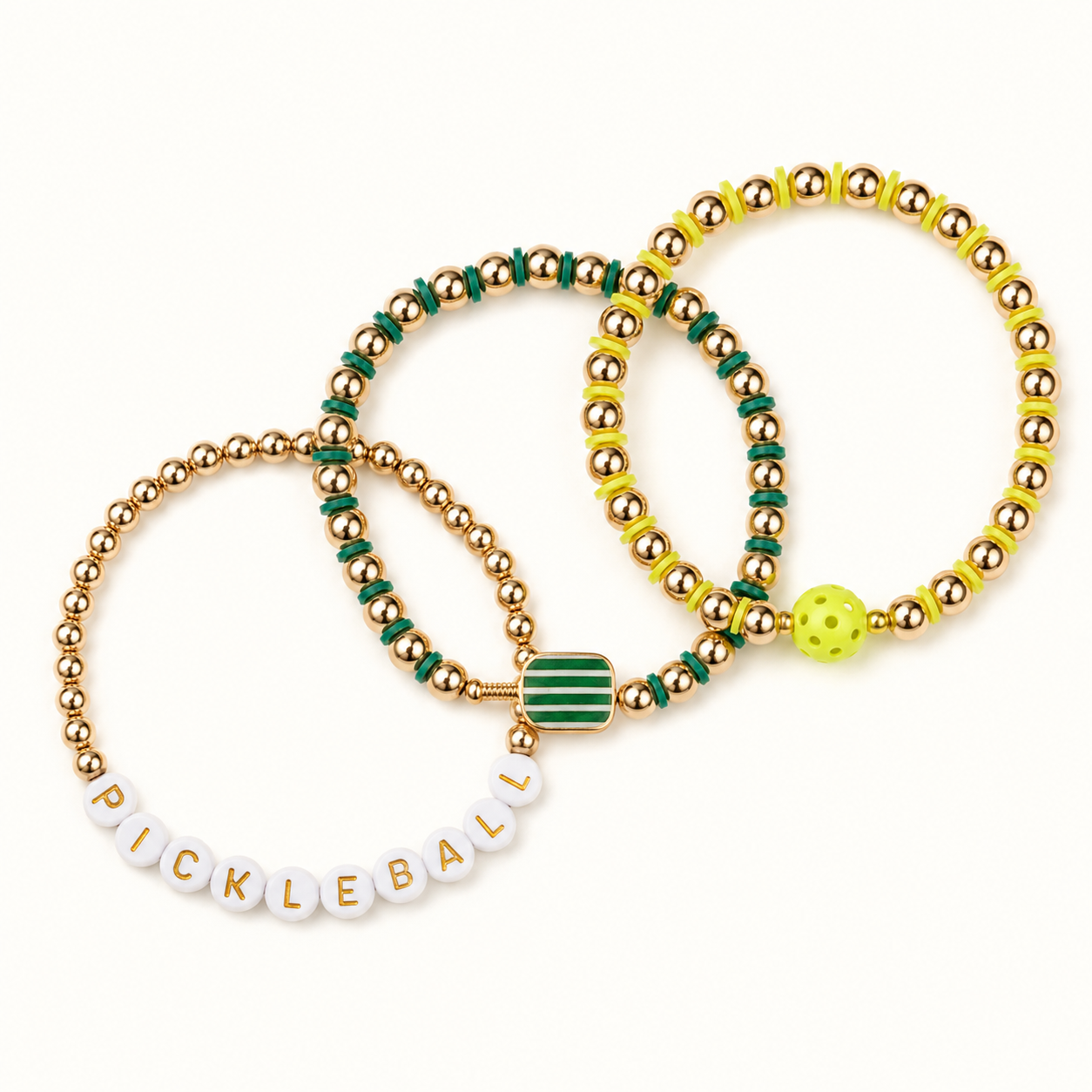 Pickleball stretch bracelet set worn on a wrist