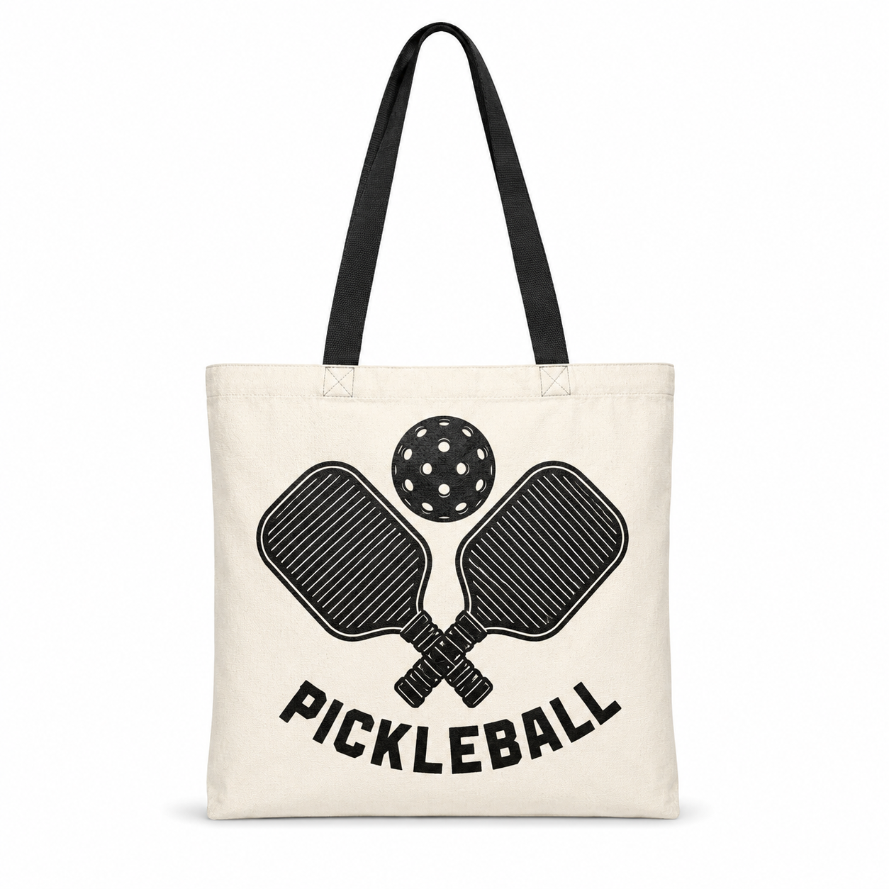 Colorful pickleball print tote bag on a white background