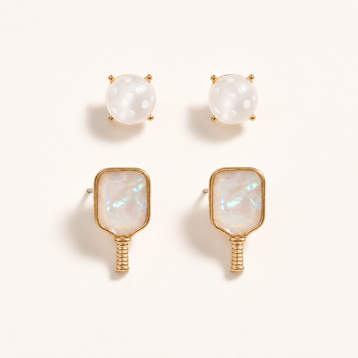 Shimmery pickleball two-pair post earring set on white