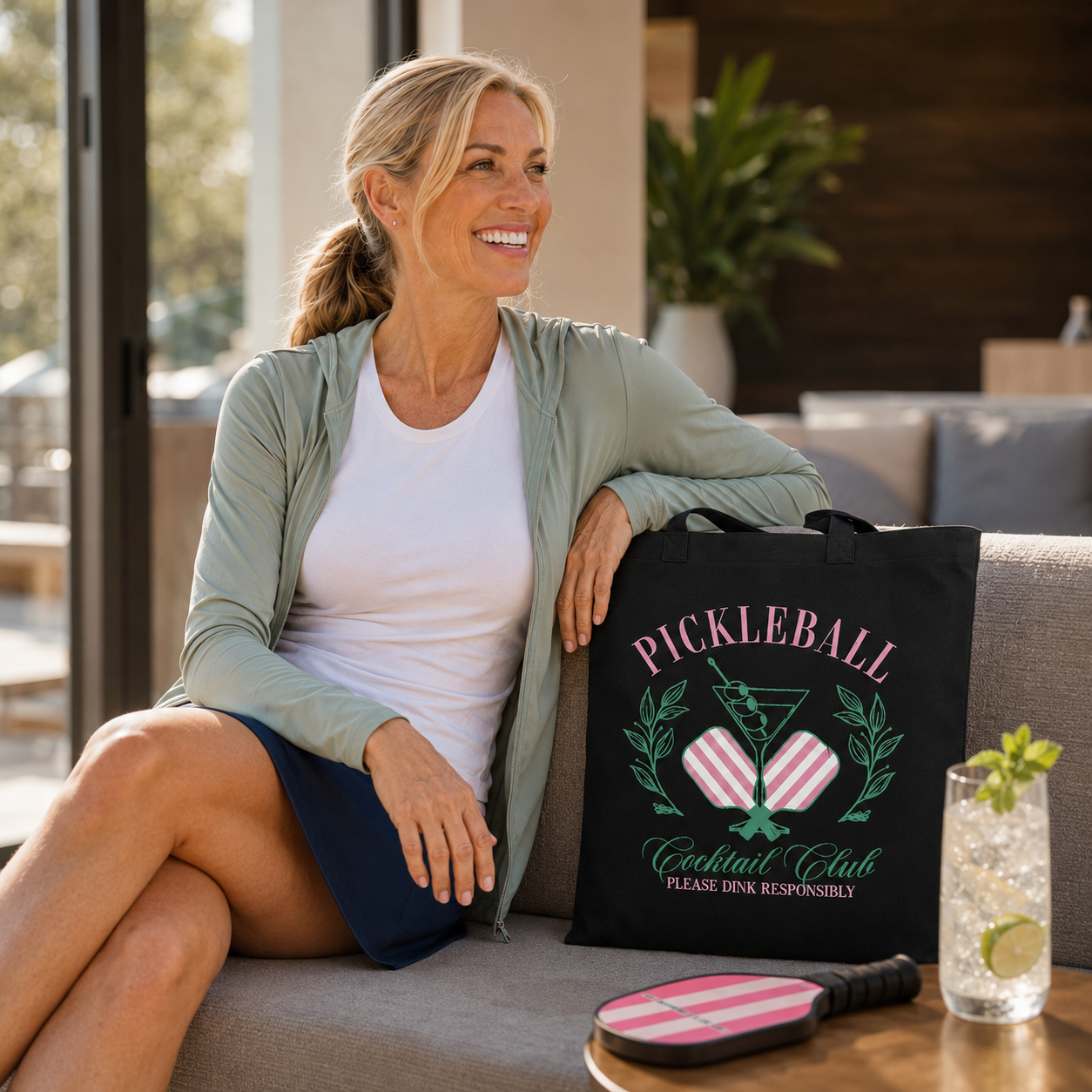Pickleball Cocktail Club tote bag styled with court gear