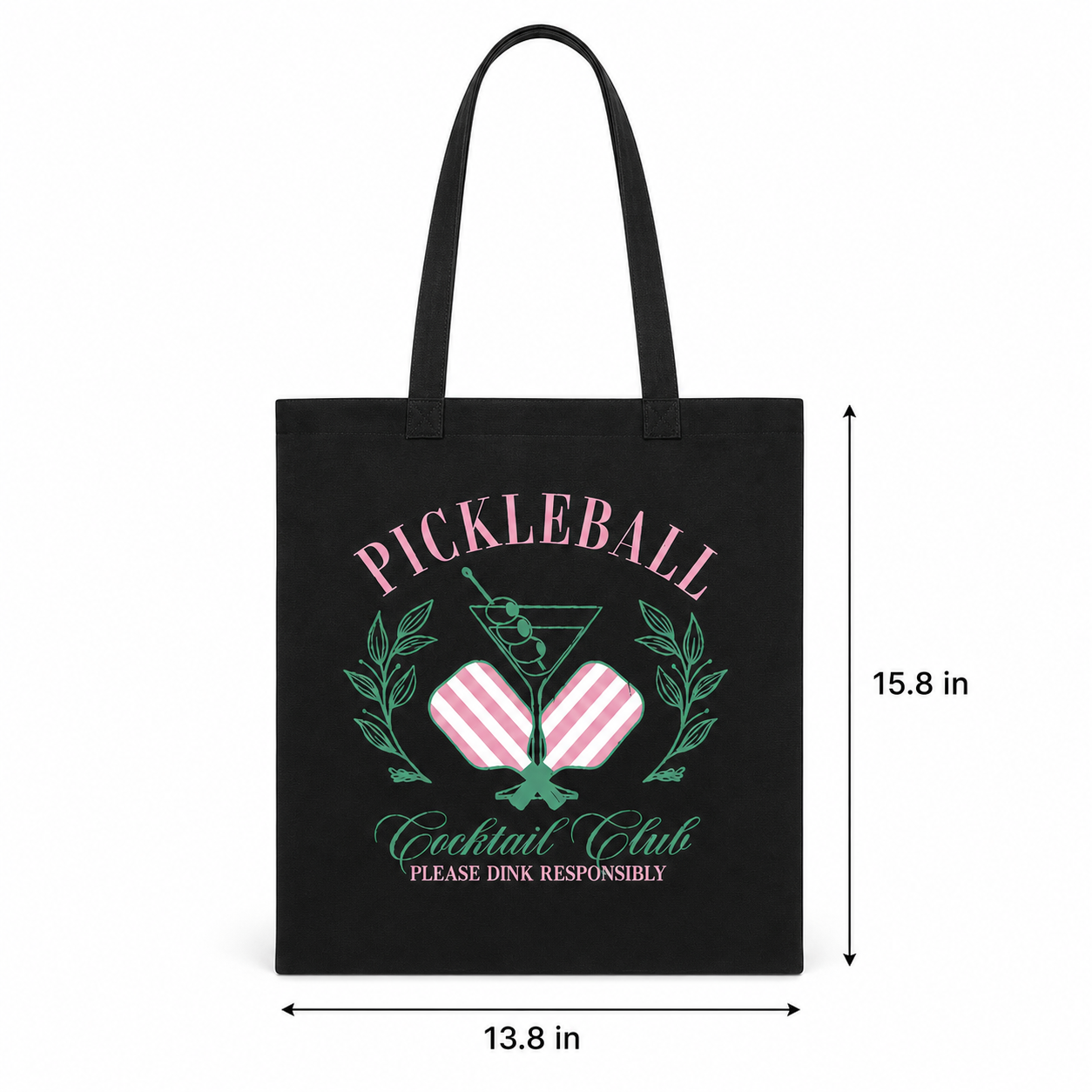 Pickleball Cocktail Club tote bag dimensions and detail