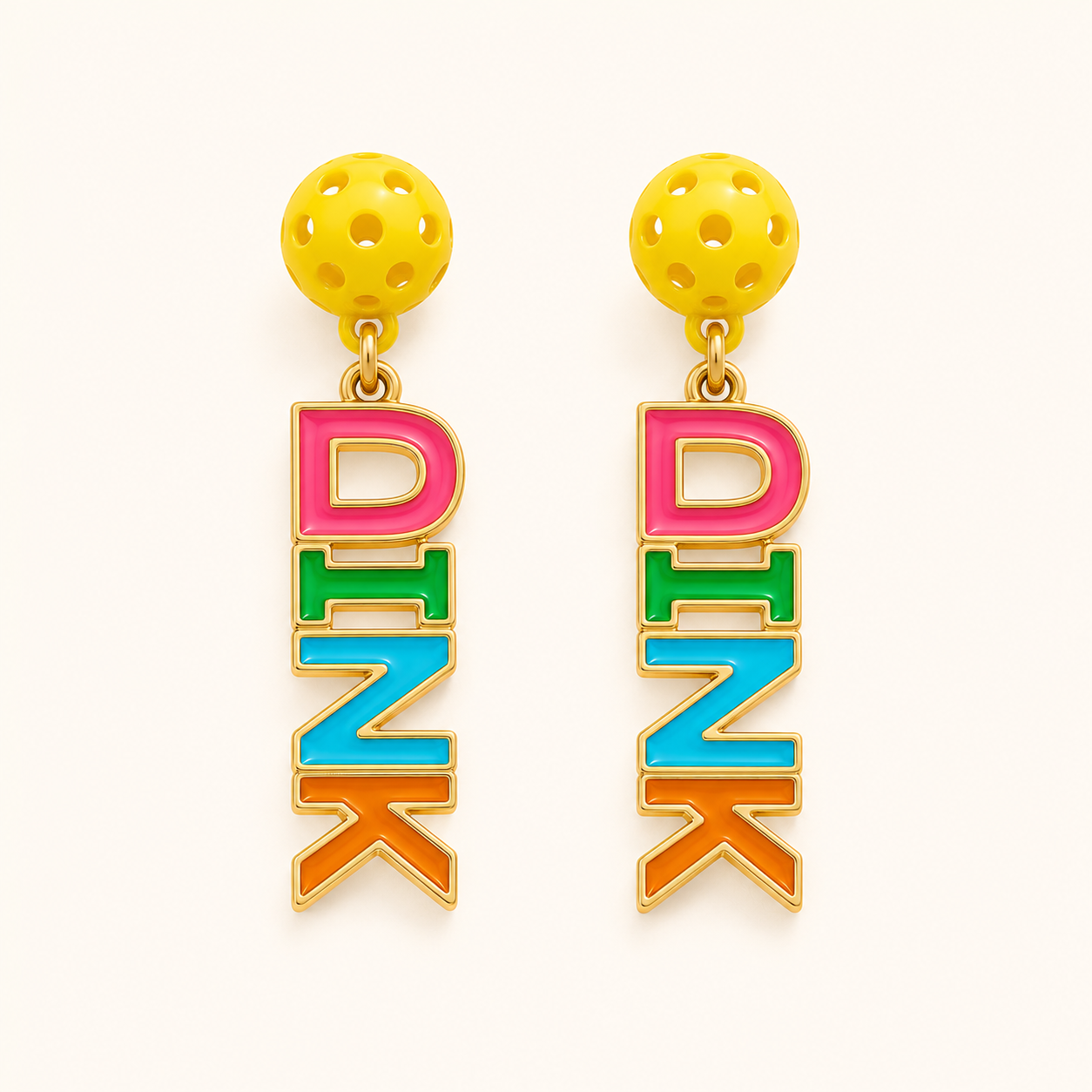 Colorful DINK enamel pickleball earrings on white