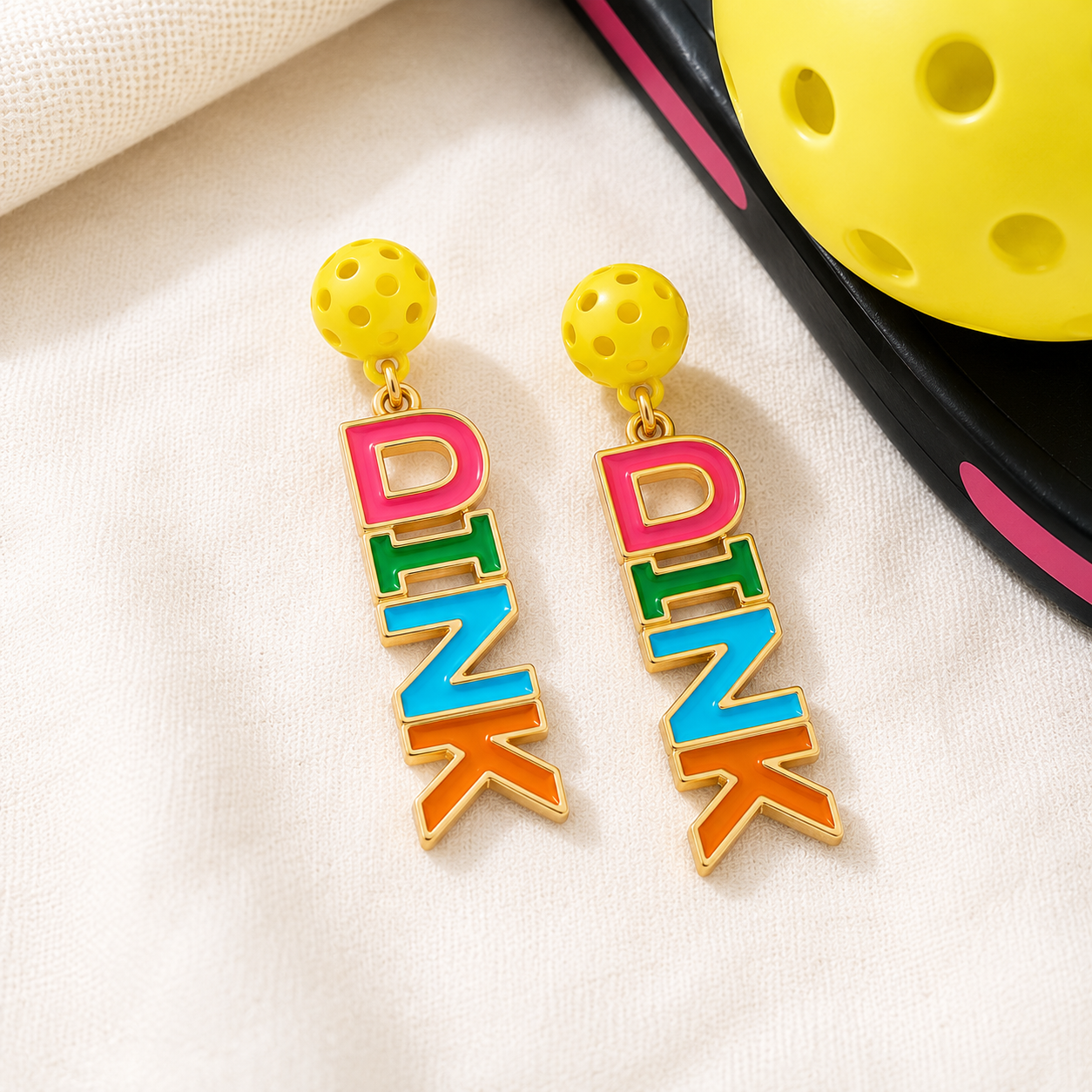 DINK enamel pickleball earrings in a jewelry box