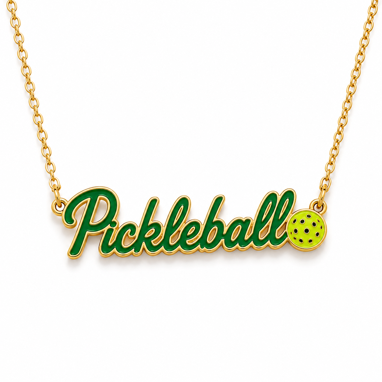 Green PICKLEBALL enamel script necklace on white