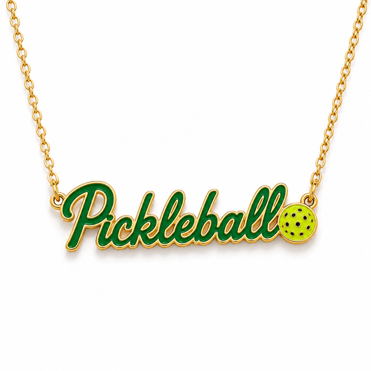 Green PICKLEBALL enamel script necklace on white